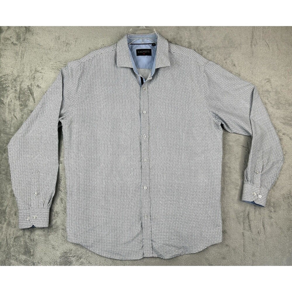 Calvetti Dress Shirt Men's Button Up Blue Geometric Long sleeve XL Businesswear